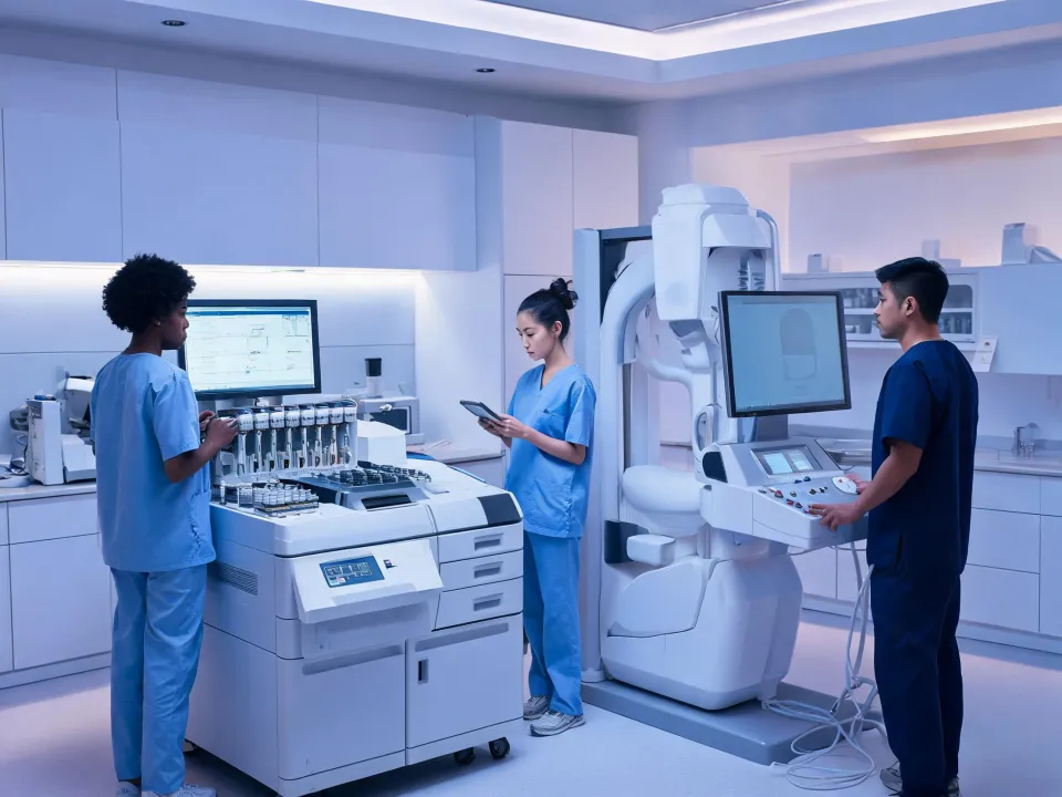 Clinical laboratory and diagnostic imaging team reviewing Hologic workflow systems