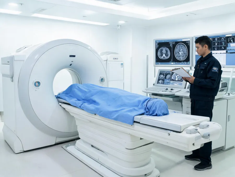 Field service engineer supporting diagnostic equipment during clinical session
